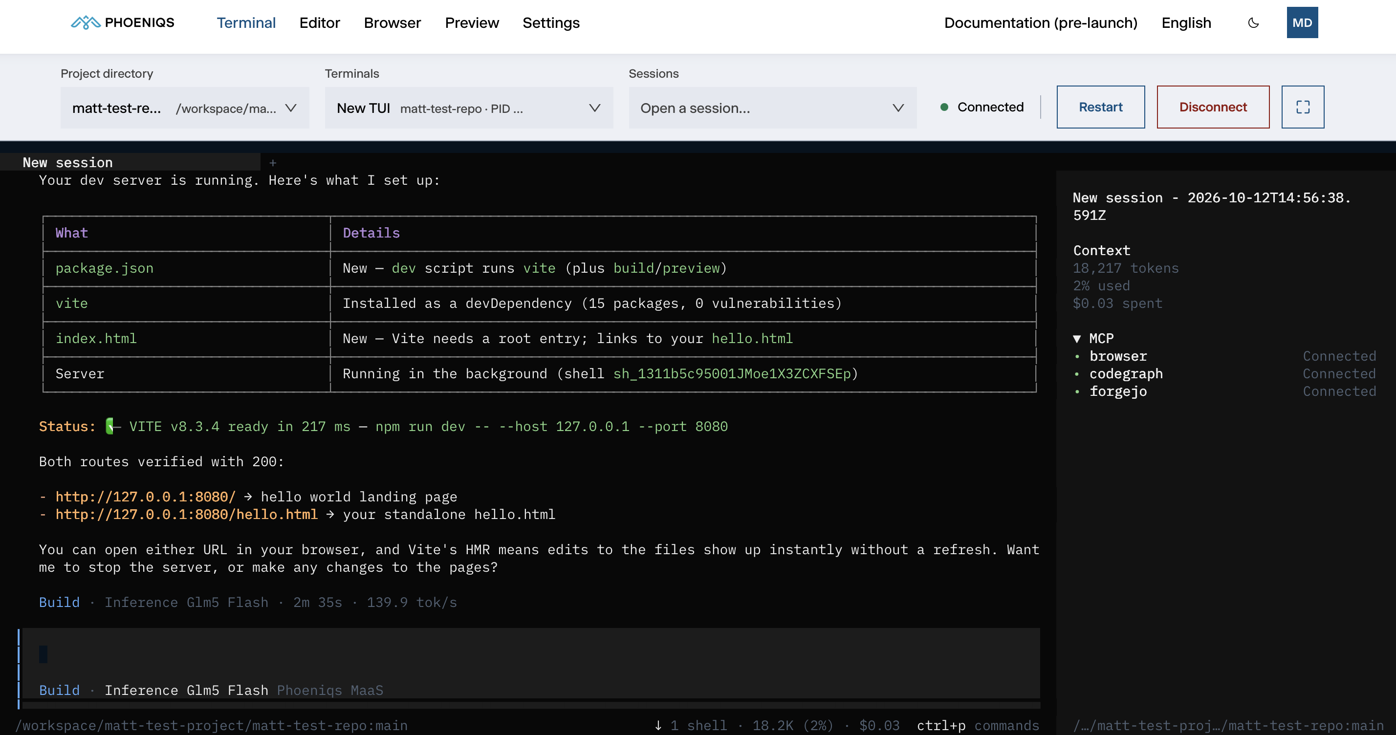 Phoeniqs AI Build: Terminal window