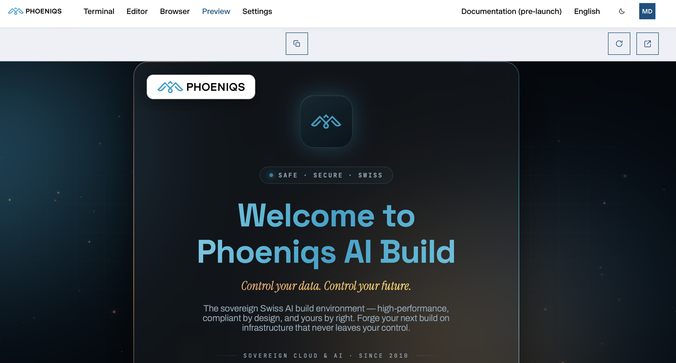 The welcome page running in the Preview tab