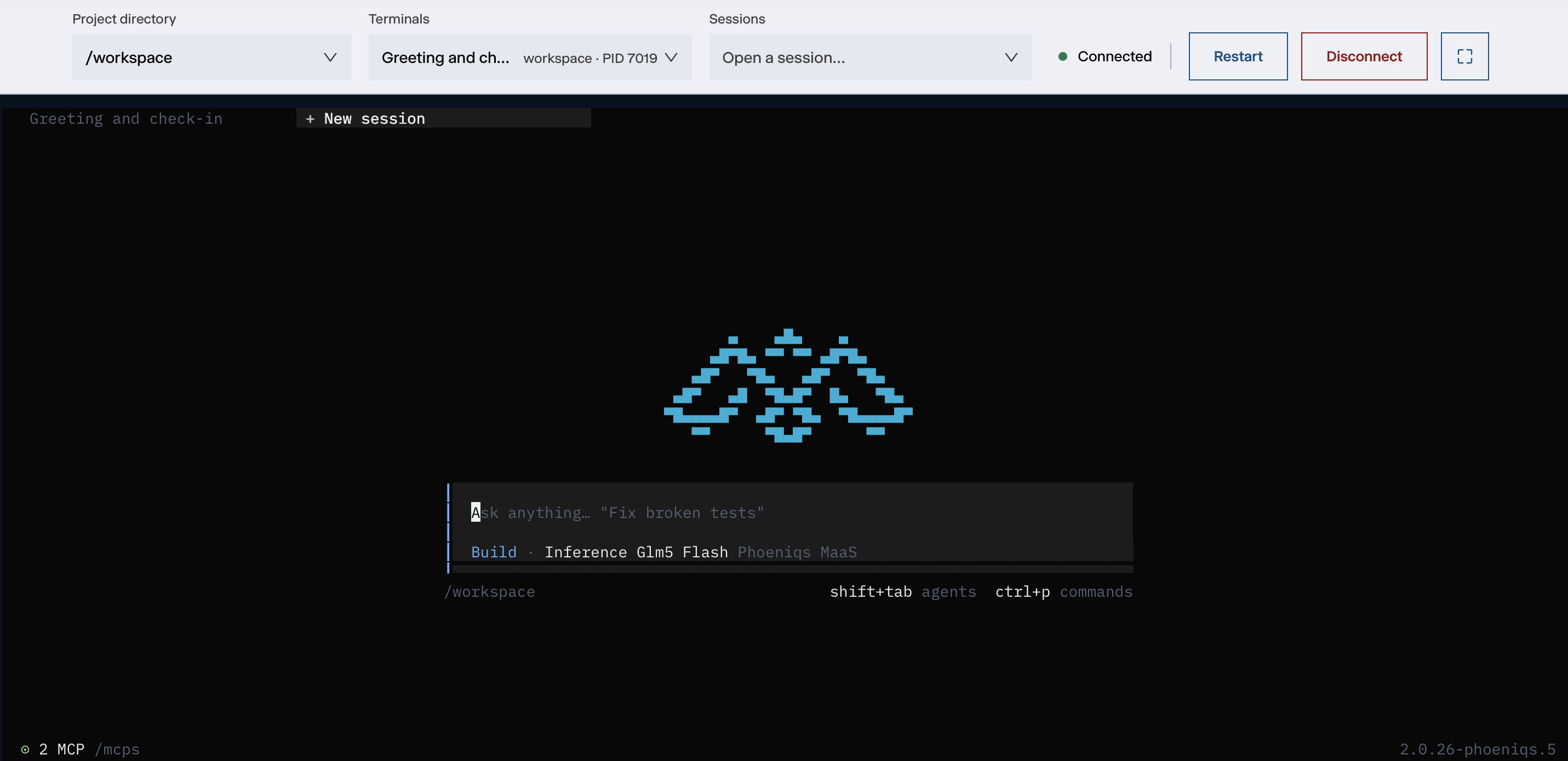 The Terminal tab with an open terminal, its toolbar and the agent's prompt