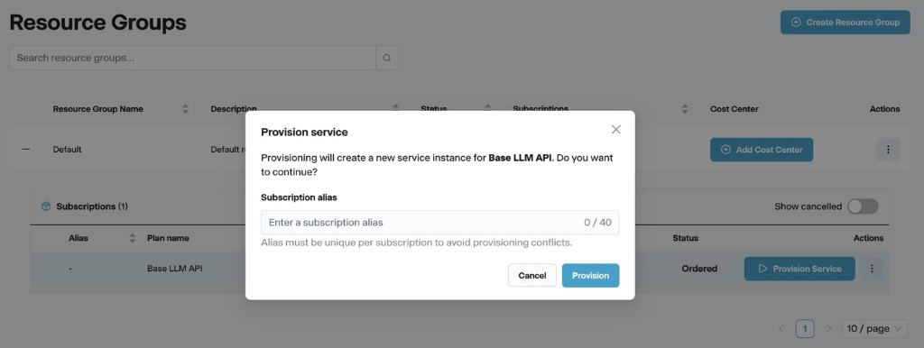 Provision service dialog for Base LLM API
