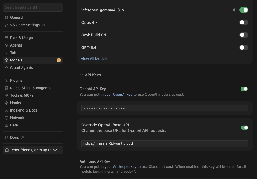 PHOENIQS API key and base URL in Cursor